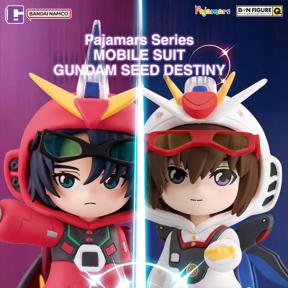 Two figures from the Pajamars Series of Mobile Suit Gundam Seed Destiny on a split purple and blue background.