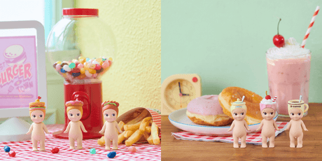 Sonny Angel Snack Series figures displayed beside fries, donuts and a milkshake