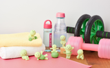 SMISKI Exercising Series lifestyle lineup with dumbbell, hula hoop, yoga ball, crunches, stretching and exercising suit figures