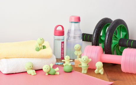 SMISKI Exercising Series lifestyle lineup with dumbbell, hula hoop, yoga ball, crunches, stretching and exercising suit figures
